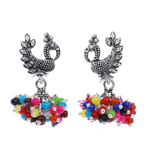 Indian Jewellery from Meira Jewellery:Earrings,Fancy Silver Oxodized Earring Peacock Multi Color Pearl (Small Jhumar)