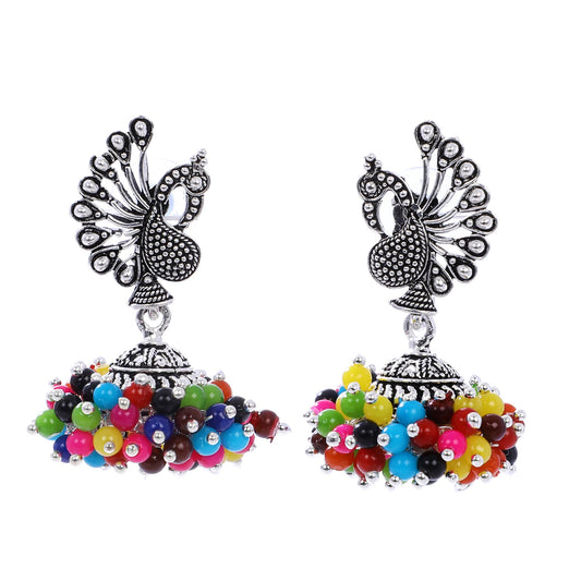 Indian Jewellery from Meira Jewellery:Earrings,Fancy Silver Oxodized Earring Peacock Multi Color Pearl (Big Jhumar)