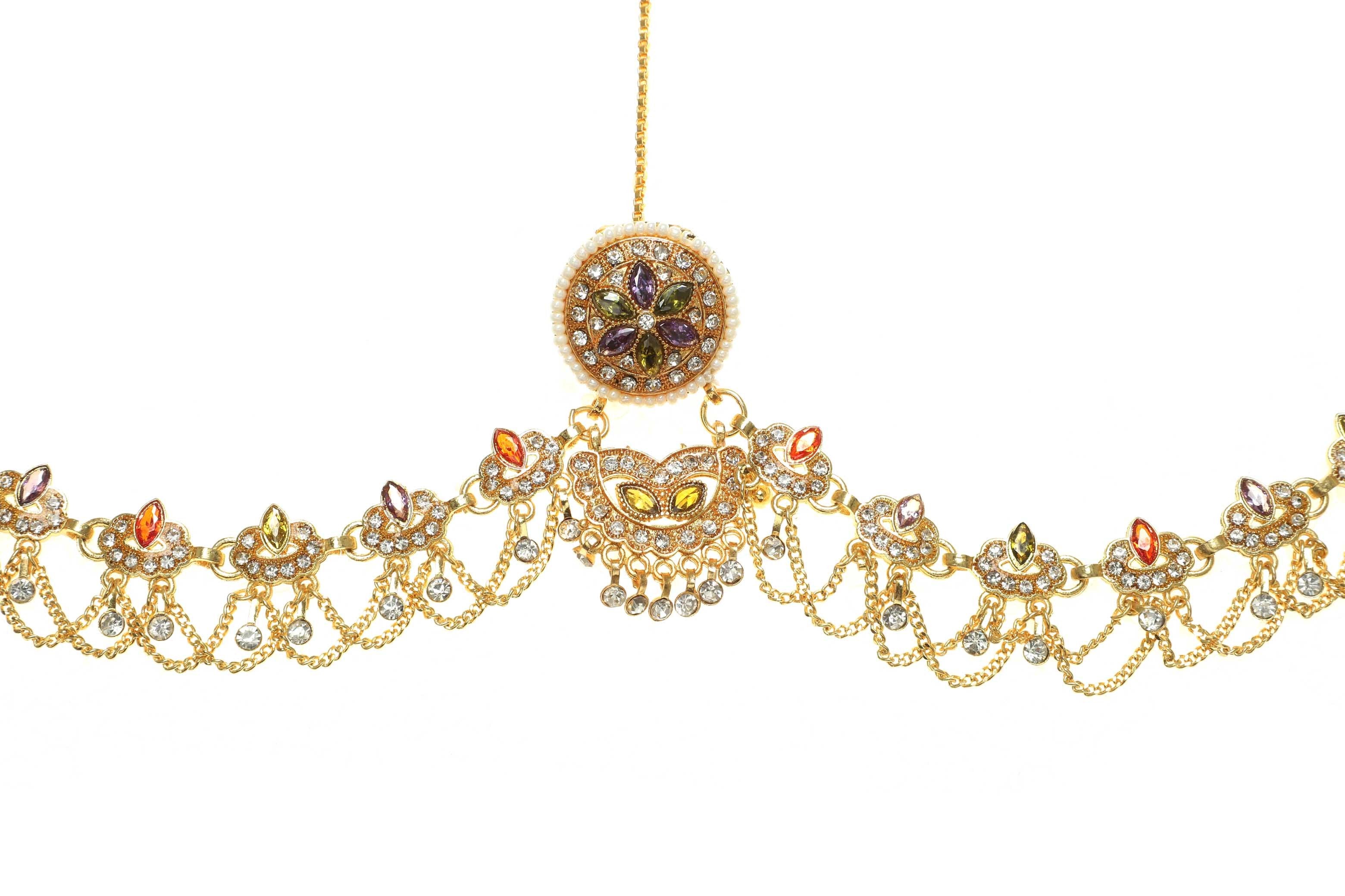 Rajasthani Gold Plated Rakhdi Set adored with Multy colored Marquise Diamond