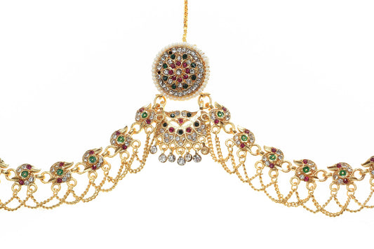 Rajasthani Traditional Gold Plated Rakhdi Set with Green-Pink Color AD Stones