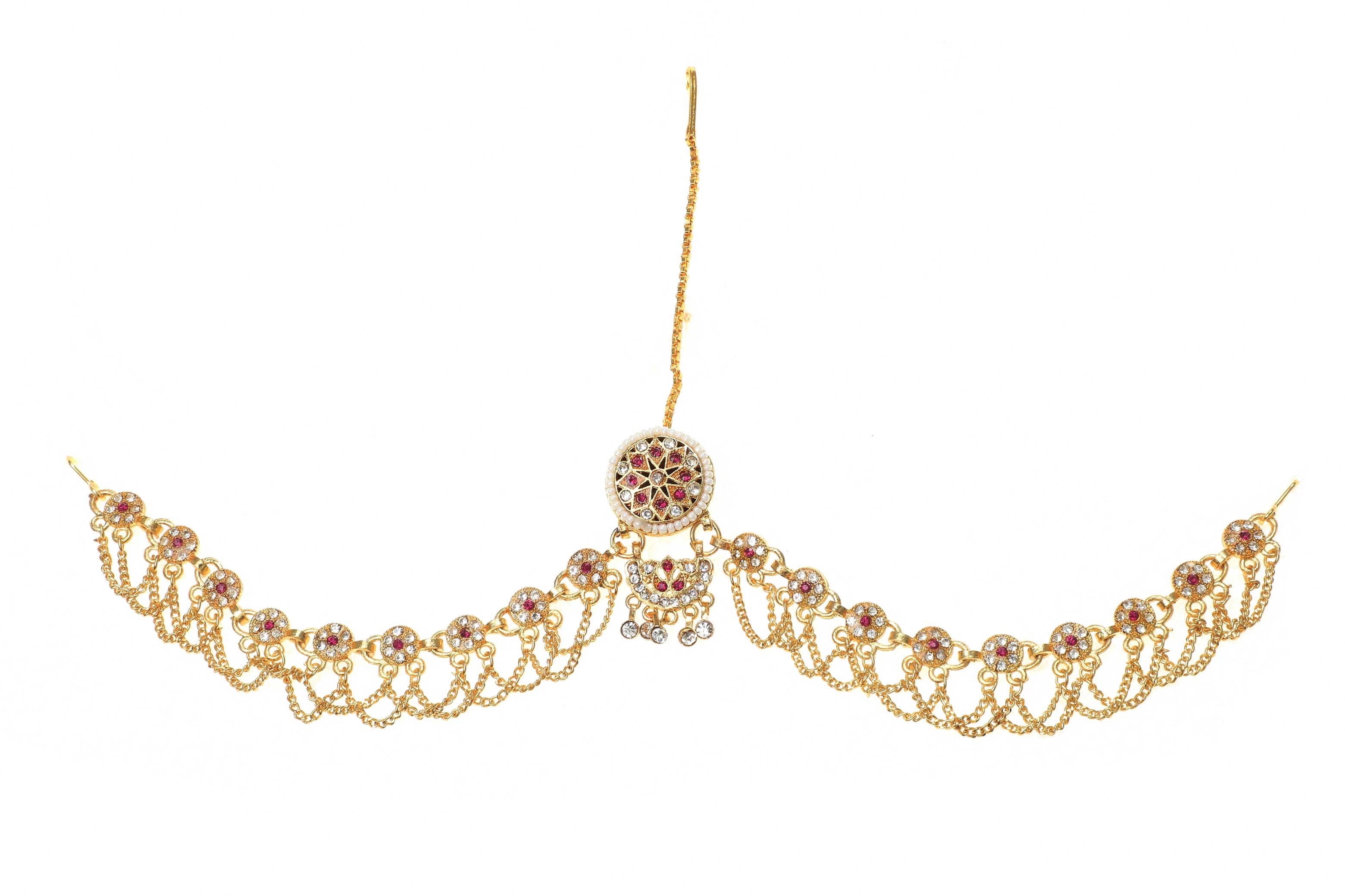 Indian Jewellery from Meira Jewellery:Rajasthani Jewellery,Rajputi Gold Plated Rakhdi Set Studded With White-Pink Color American Diamonds