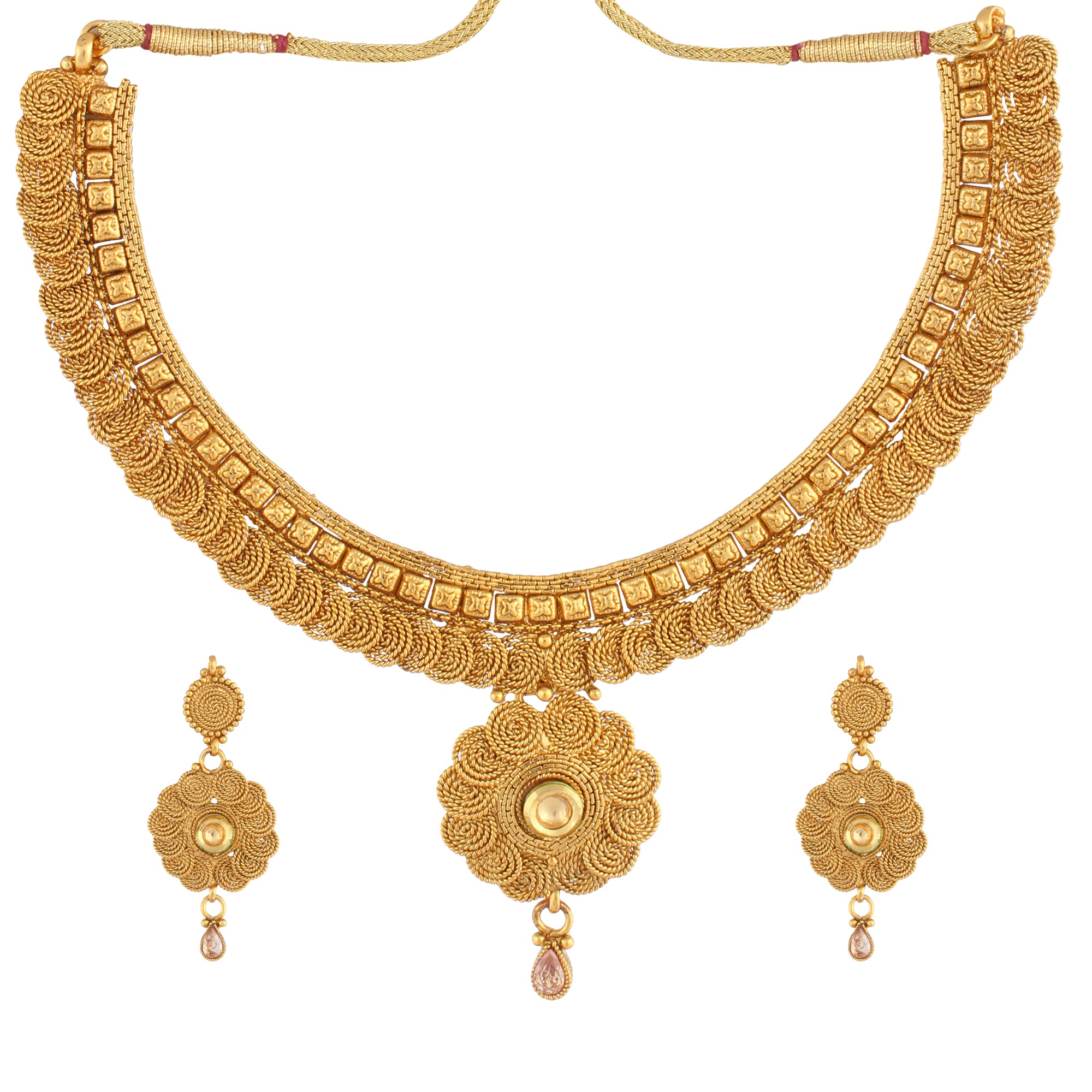 KUNDAN NECKLACE SET WITH FILIGREE DESIGN & MATCHING EARRING FOR WOMEN