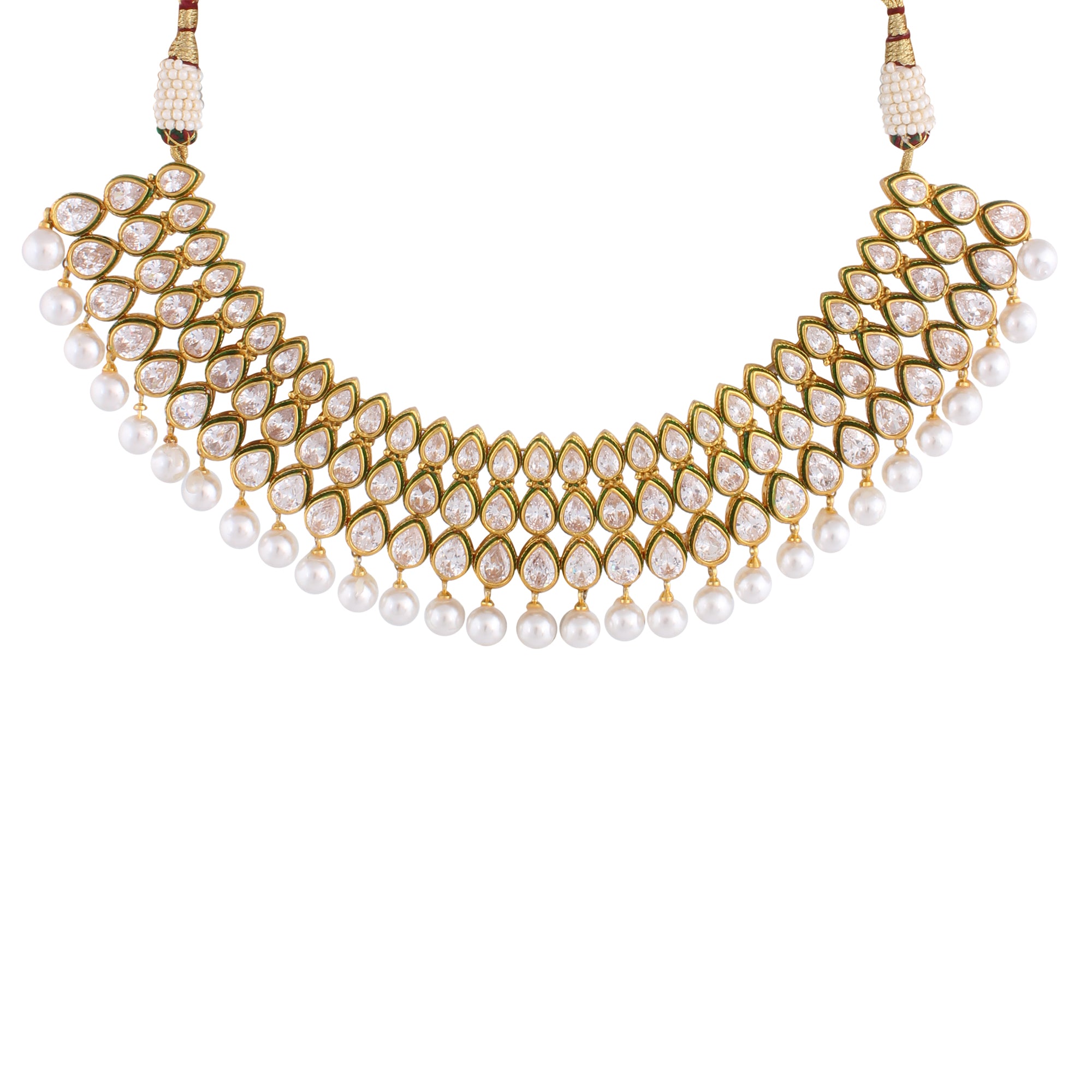 Indian Jewellery from Meira Jewellery:Necklace,TRIPLE LINE KUNDAN CHOKER NECKLACE SET WITH MATCHING EARRING FOR WOMEN