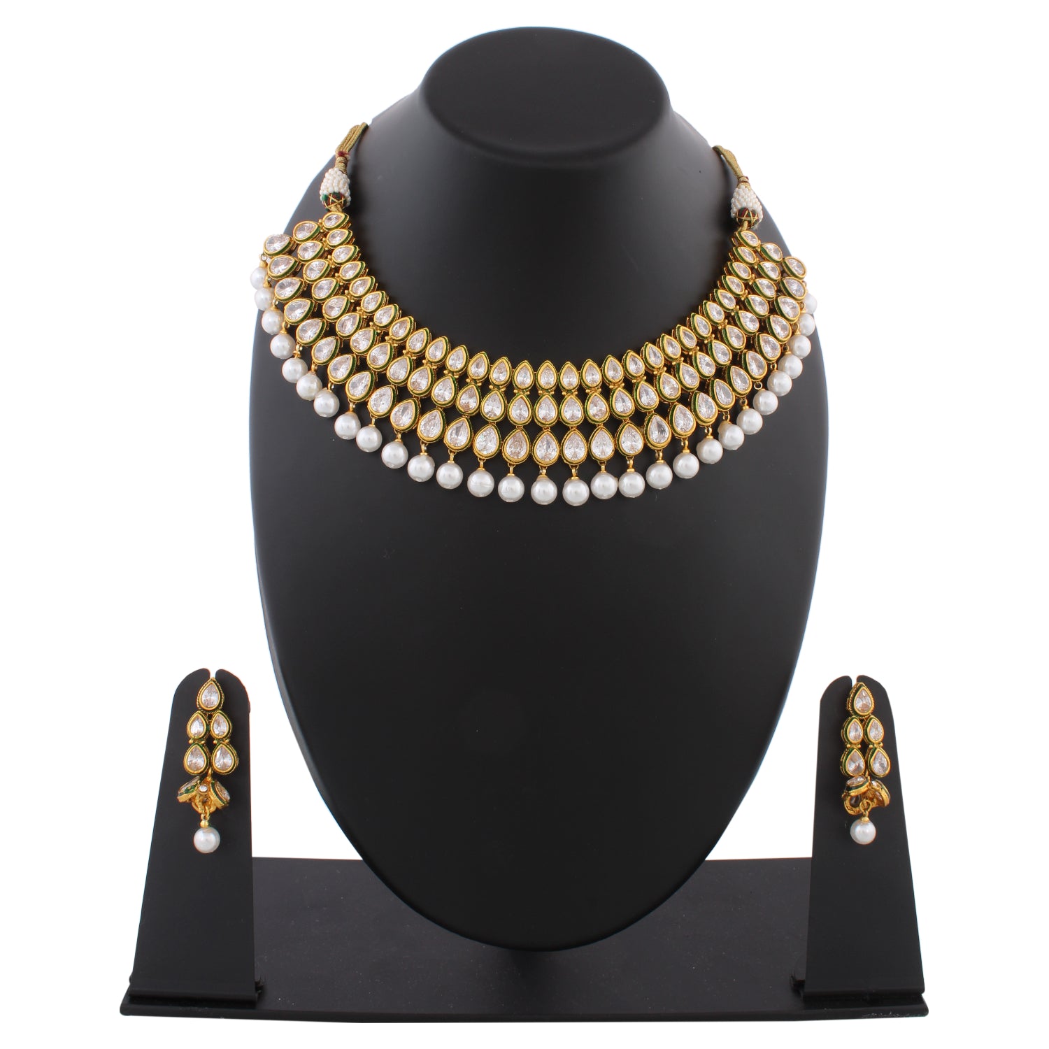 Indian Jewellery from Meira Jewellery:Necklace,TRIPLE LINE KUNDAN CHOKER NECKLACE SET WITH MATCHING EARRING FOR WOMEN