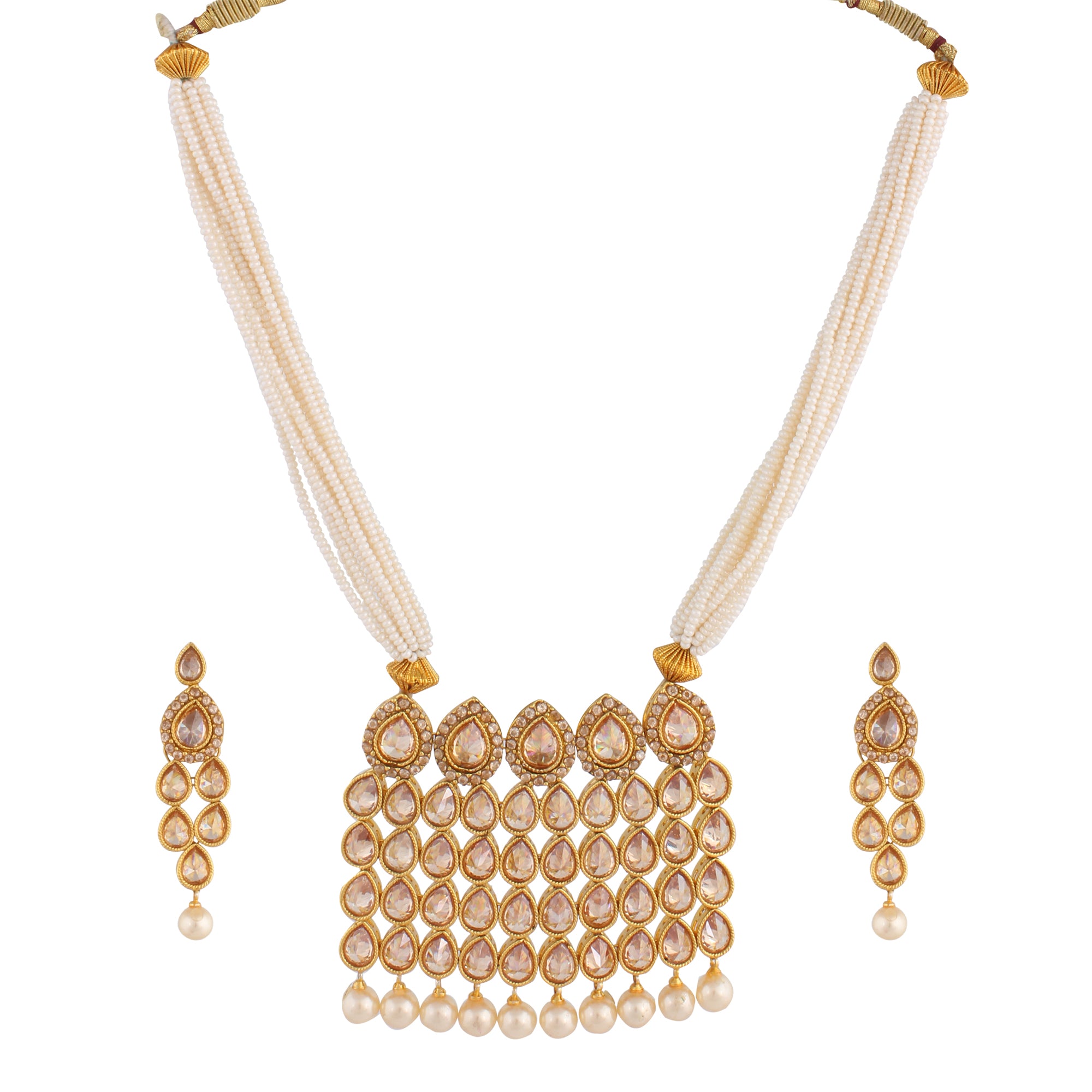 KUNDAN NECKLACE SET WITH PEARL MULTISTRAND & MATCHING EARRING FOR WOMEN