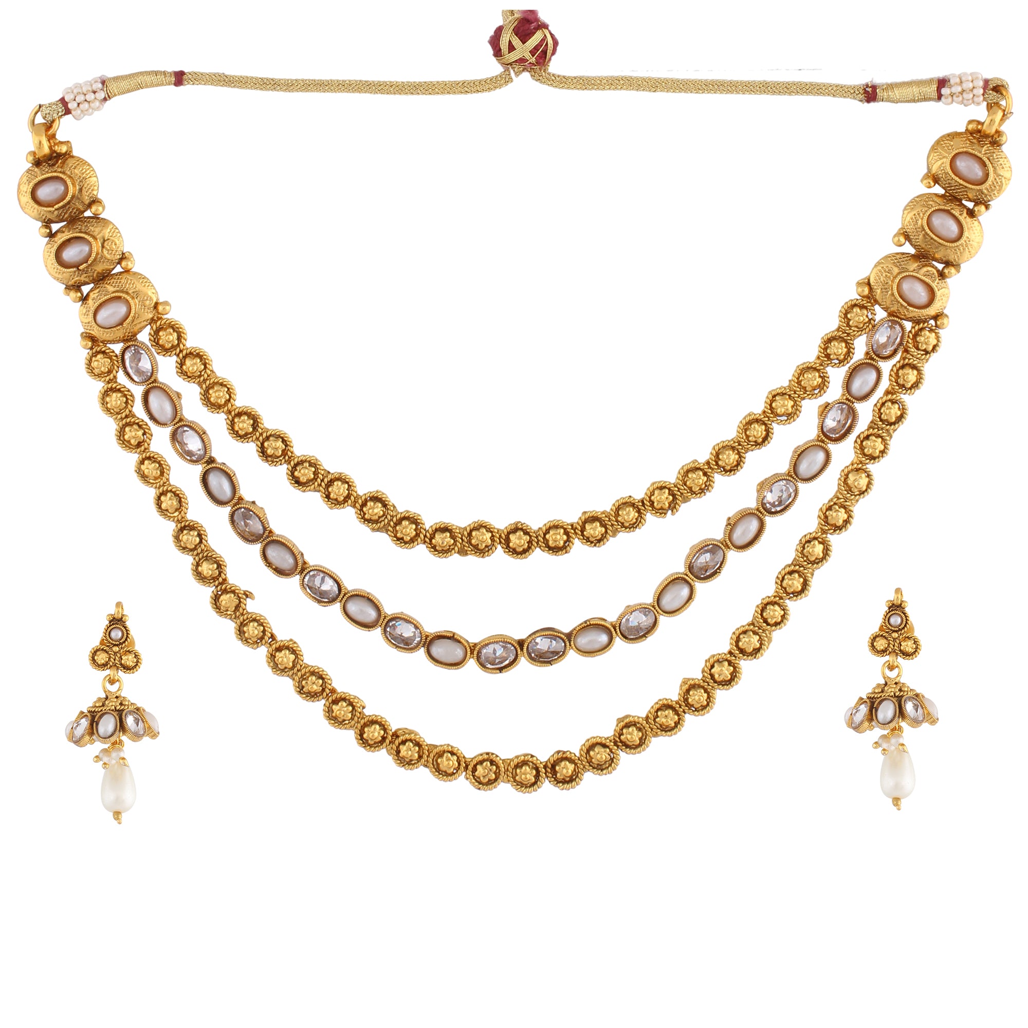 TRIPLE LINE NECKLACE SET WITH PEARL MULTISTRAND & MATCHING EARRING FOR WOMEN