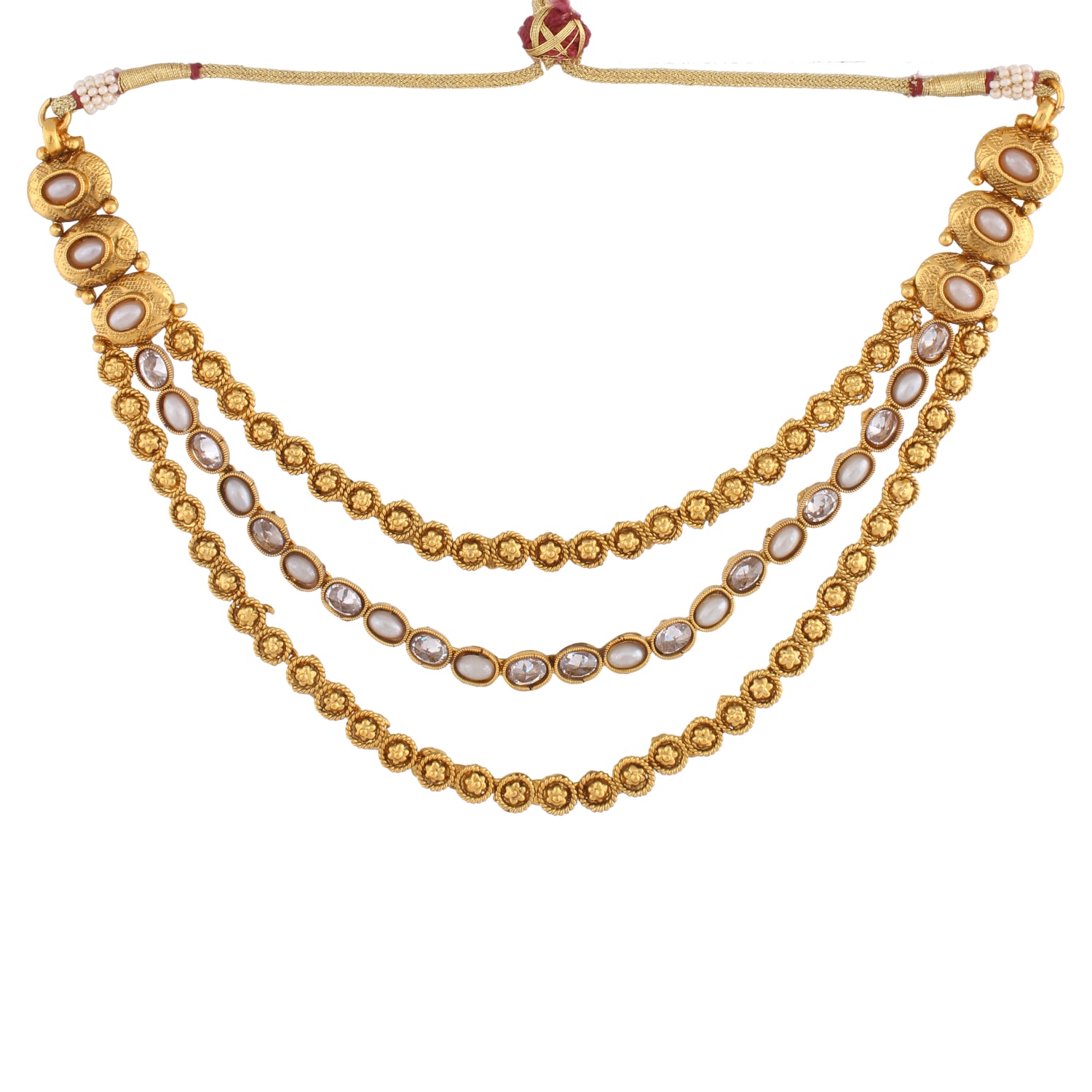 Indian Jewellery from Meira Jewellery:Necklace,TRIPLE LINE NECKLACE SET WITH PEARL MULTISTRAND & MATCHING EARRING FOR WOMEN
