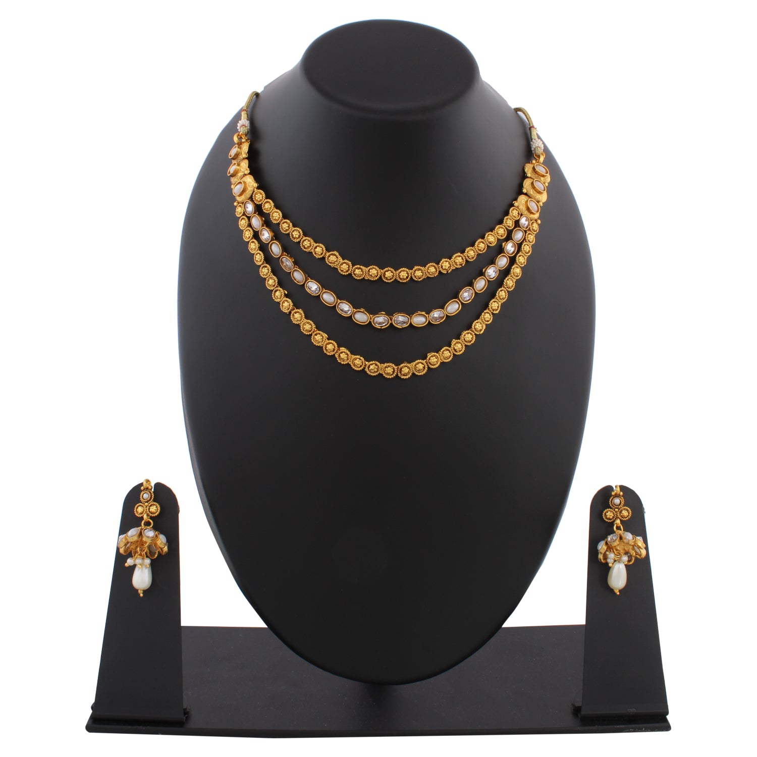 Indian Jewellery from Meira Jewellery:Necklace,TRIPLE LINE NECKLACE SET WITH PEARL MULTISTRAND & MATCHING EARRING FOR WOMEN