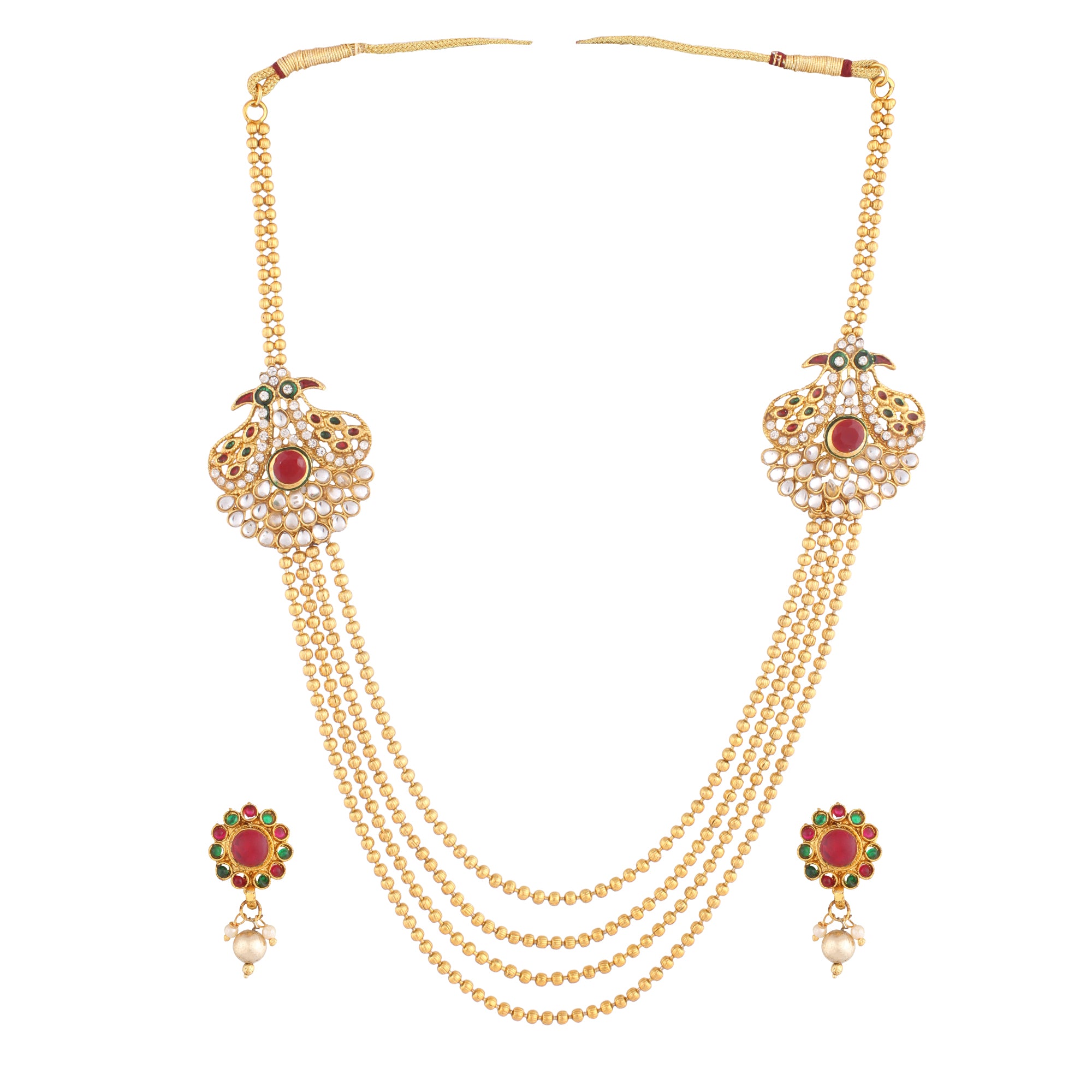 Gold Plated Multi-Strand Necklace With Earrings Set For Women