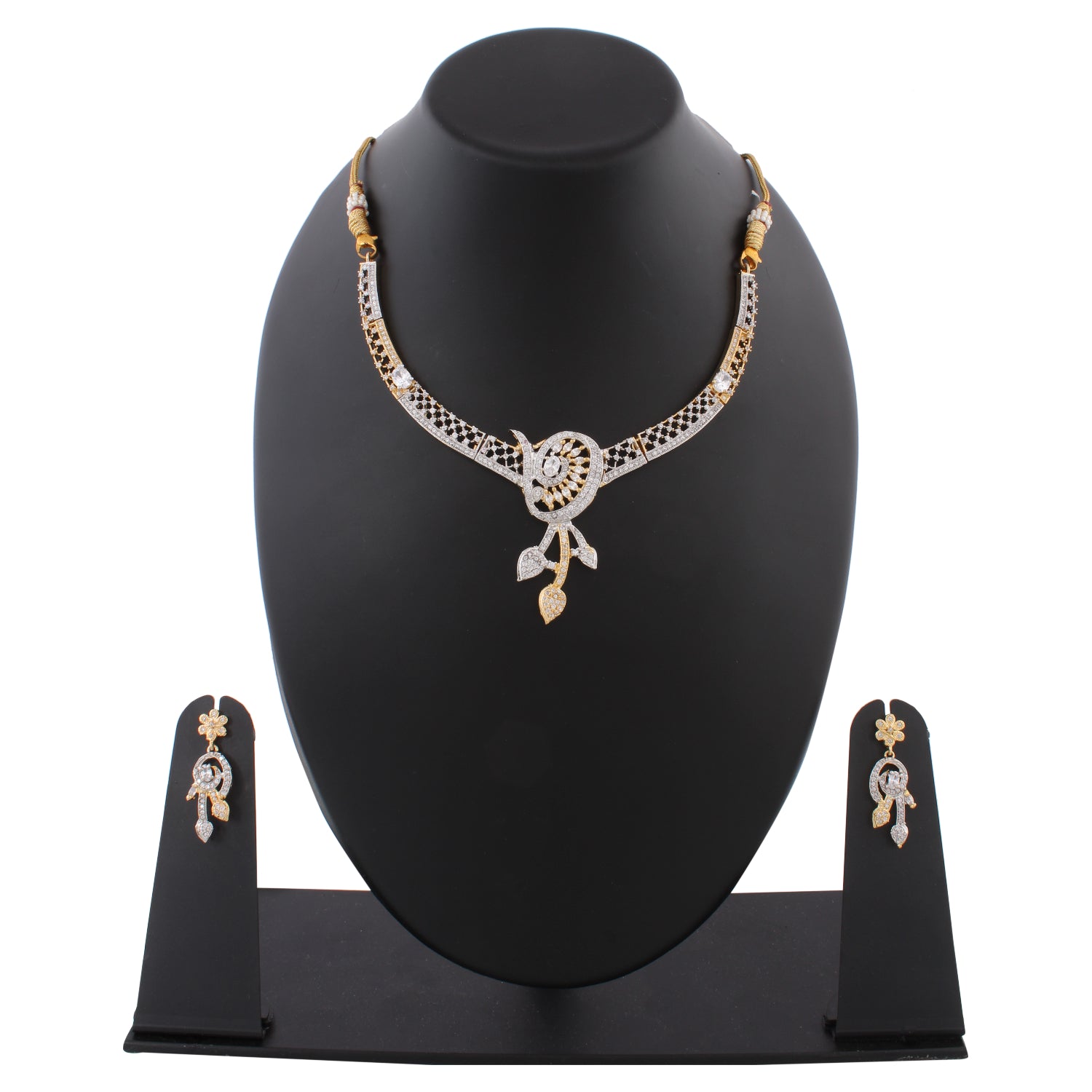 Indian Jewellery from Meira Jewellery:Necklace,FILGREE DESIGN AMERICAN DIAMOND CHOKER NECKLACE SET WITH MATCHING EARRING FOR WOMEN