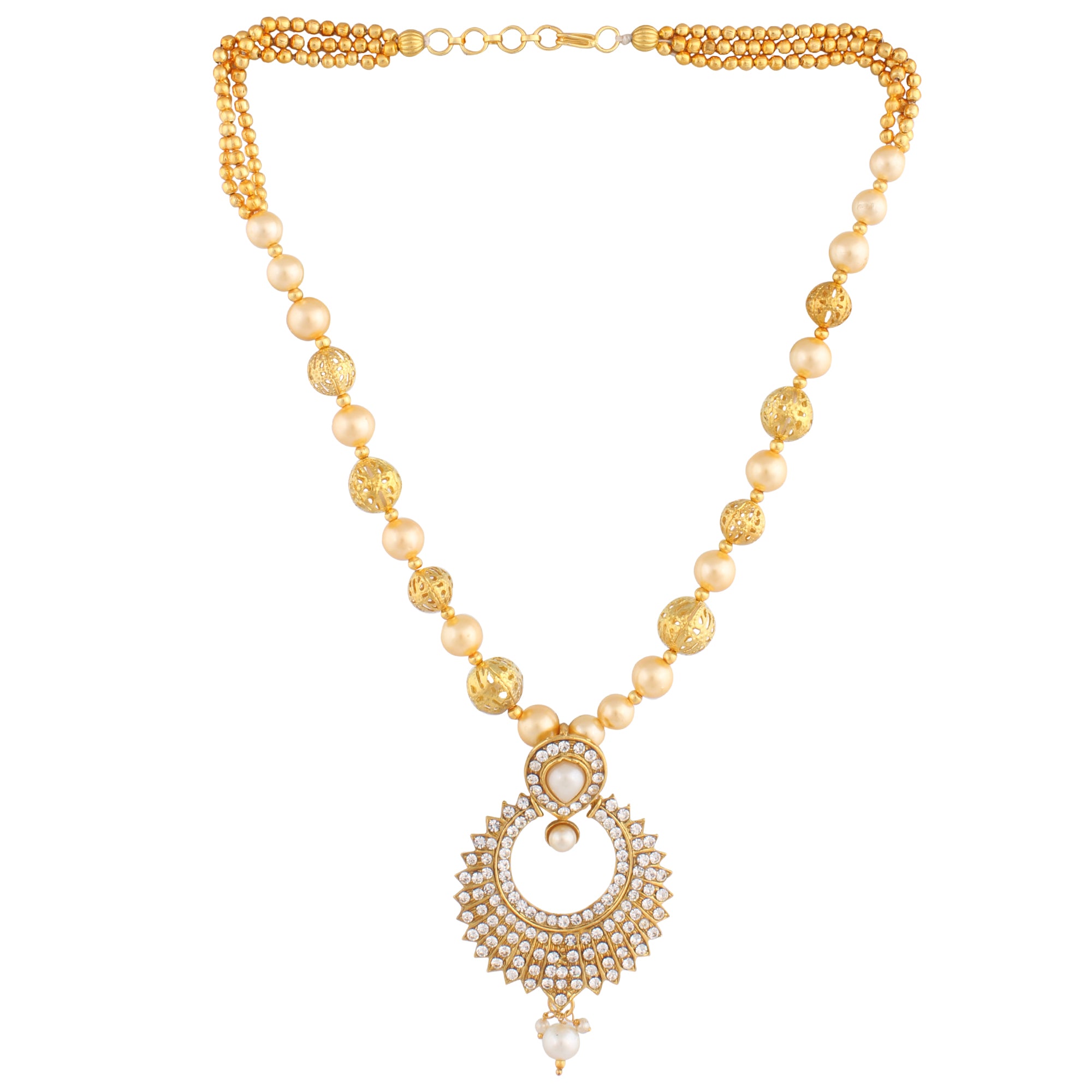 Indian Jewellery from Meira Jewellery:Necklace,PEARL NECKLACE SET WITH MELEE AMERICAN DIAMONDS IN CHANEL DESIGN & MATCHING EARRING FOR WOMEN