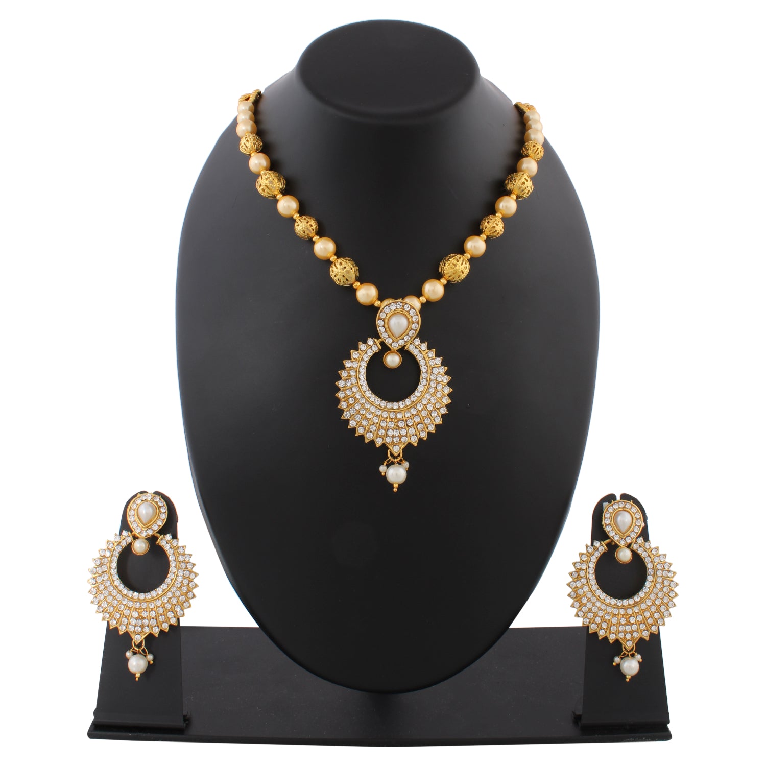 Indian Jewellery from Meira Jewellery:Necklace,PEARL NECKLACE SET WITH MELEE AMERICAN DIAMONDS IN CHANEL DESIGN & MATCHING EARRING FOR WOMEN