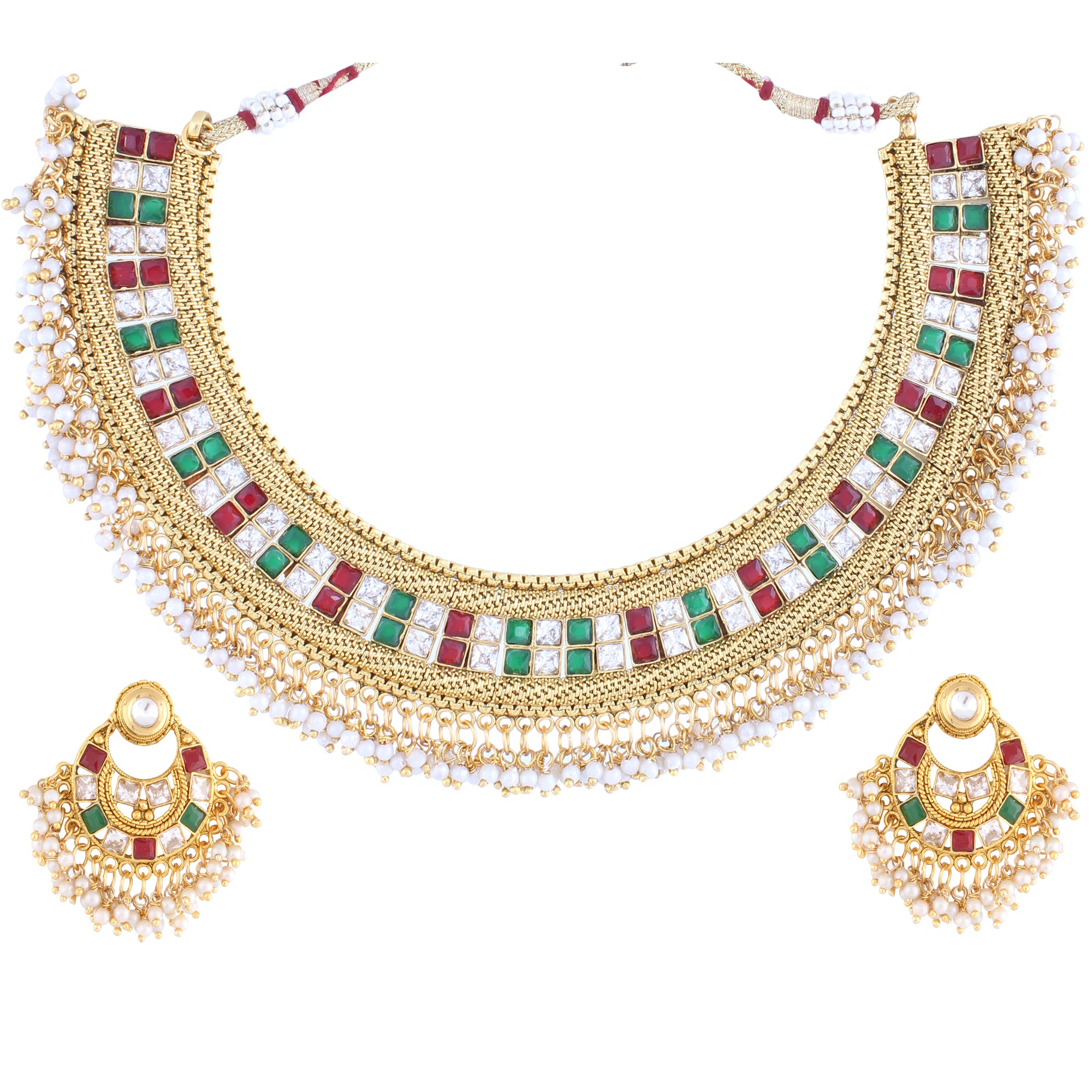 PRINCESS CUT KUNDAN NECKLACE SET WITH MULTI COLOR & MATCHING EARRING FOR WOMEN