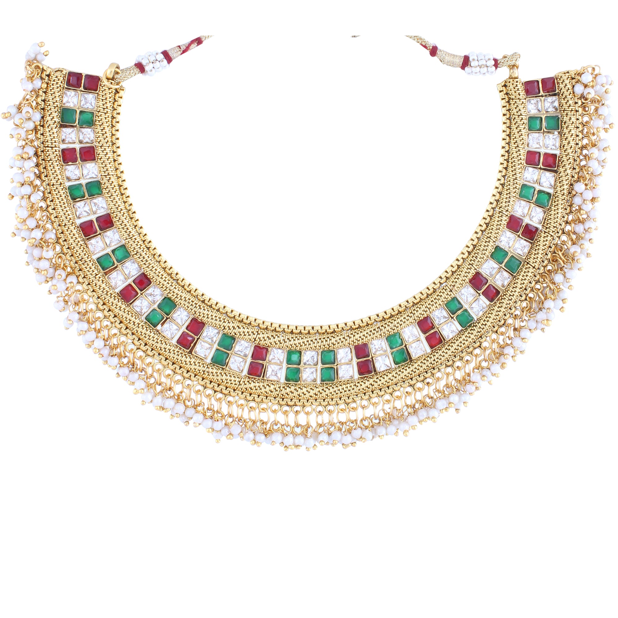 Indian Jewellery from Meira Jewellery:Necklace,PRINCESS CUT KUNDAN NECKLACE SET WITH MULTI COLOR & MATCHING EARRING FOR WOMEN