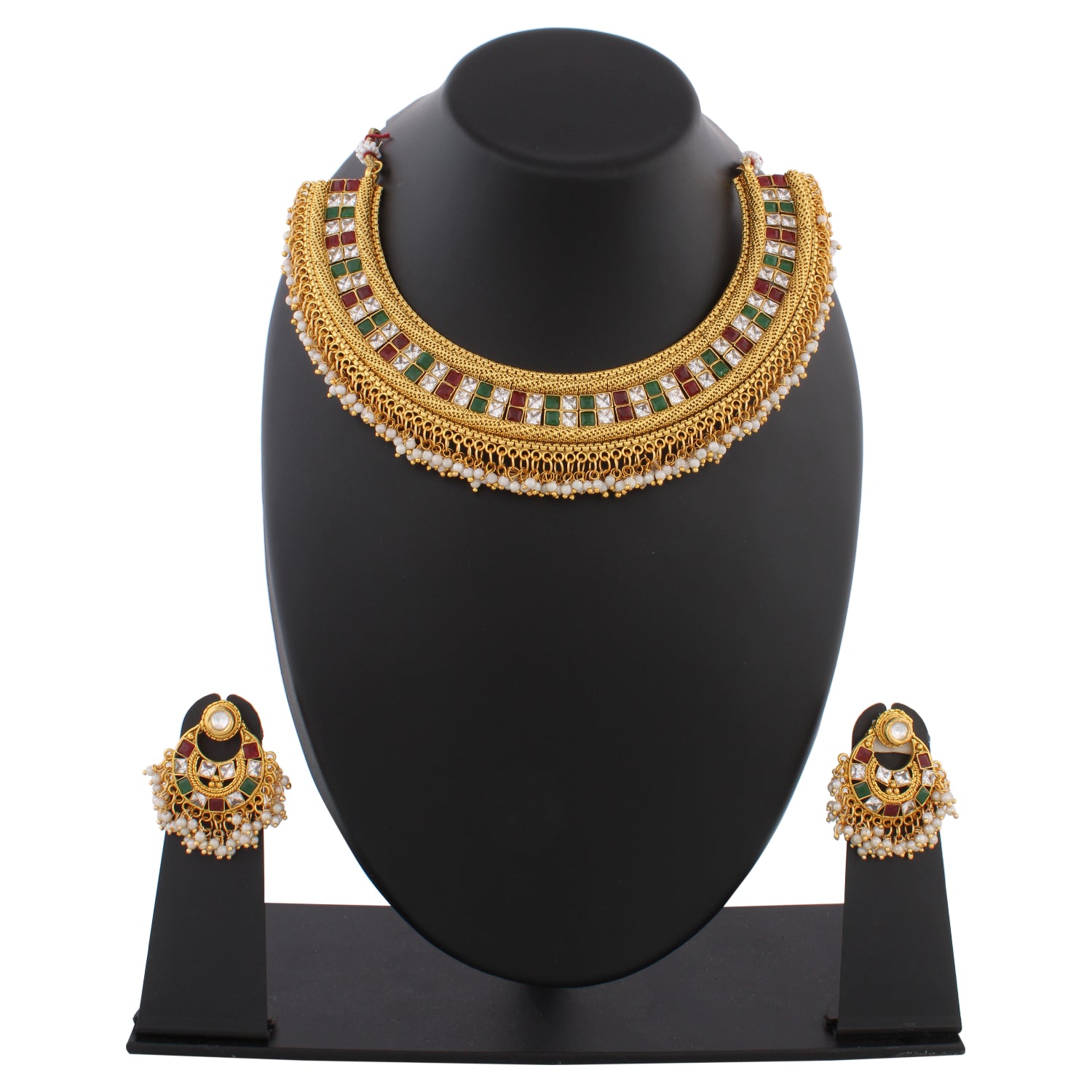Indian Jewellery from Meira Jewellery:Necklace,PRINCESS CUT KUNDAN NECKLACE SET WITH MULTI COLOR & MATCHING EARRING FOR WOMEN