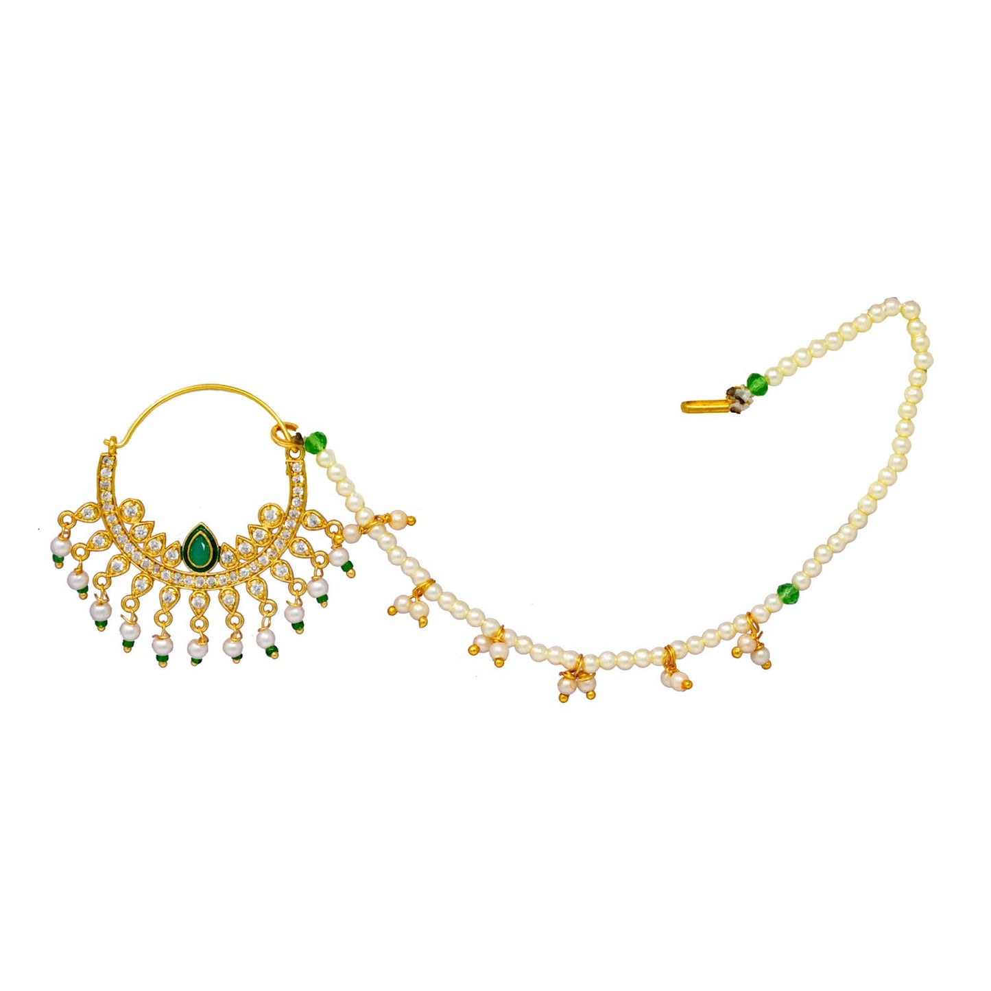 AD CZ Studded  Green Nath with Pearl work for women