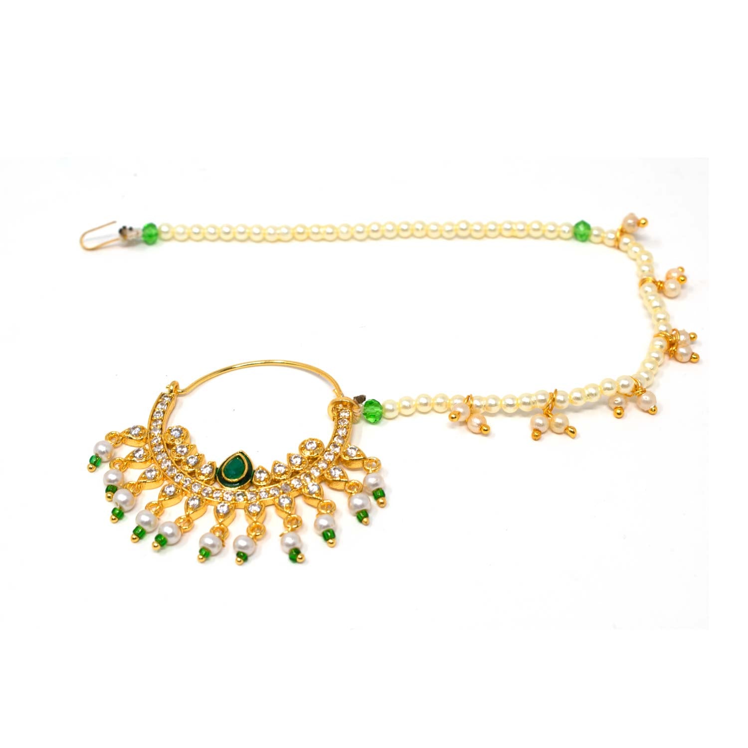AD CZ Studded  Green Nath with Pearl work for women