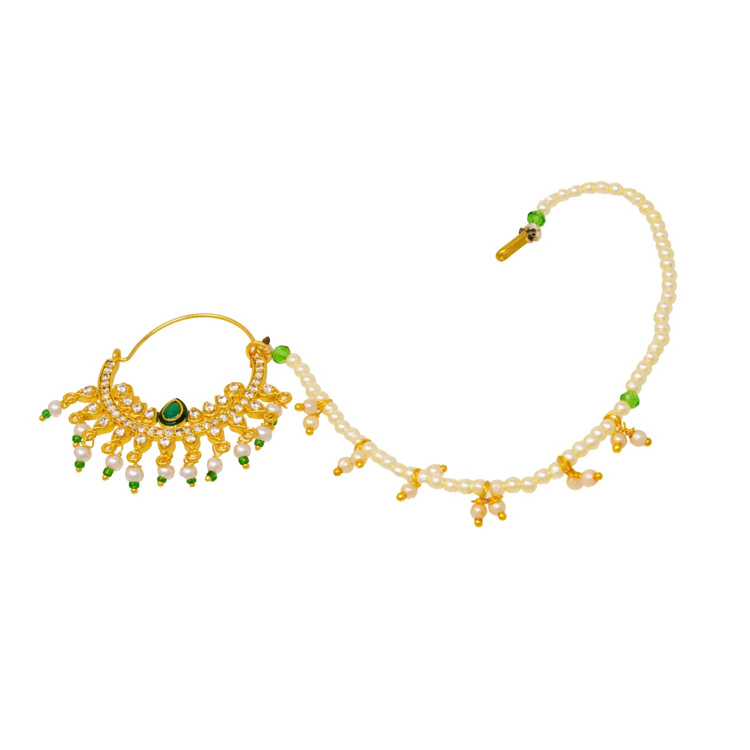 AD CZ Studded  Green Nath with Pearl work for women