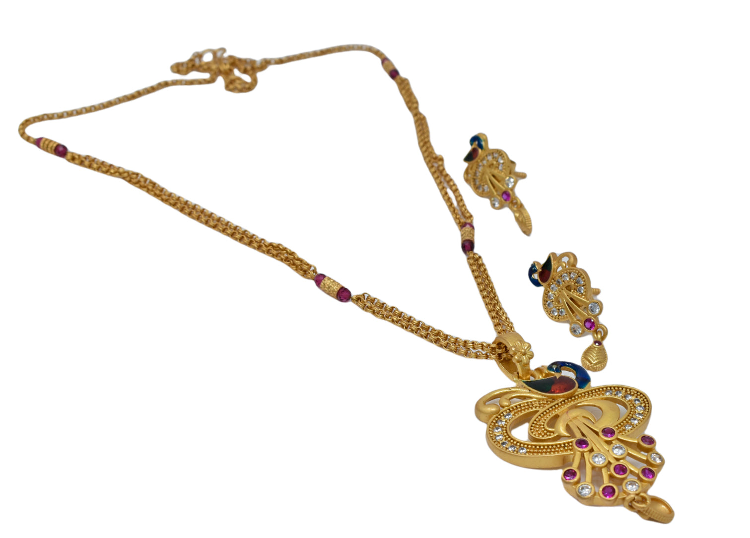 Peacock  design minakari work AD Studded Gold Plated Chain Pendant set