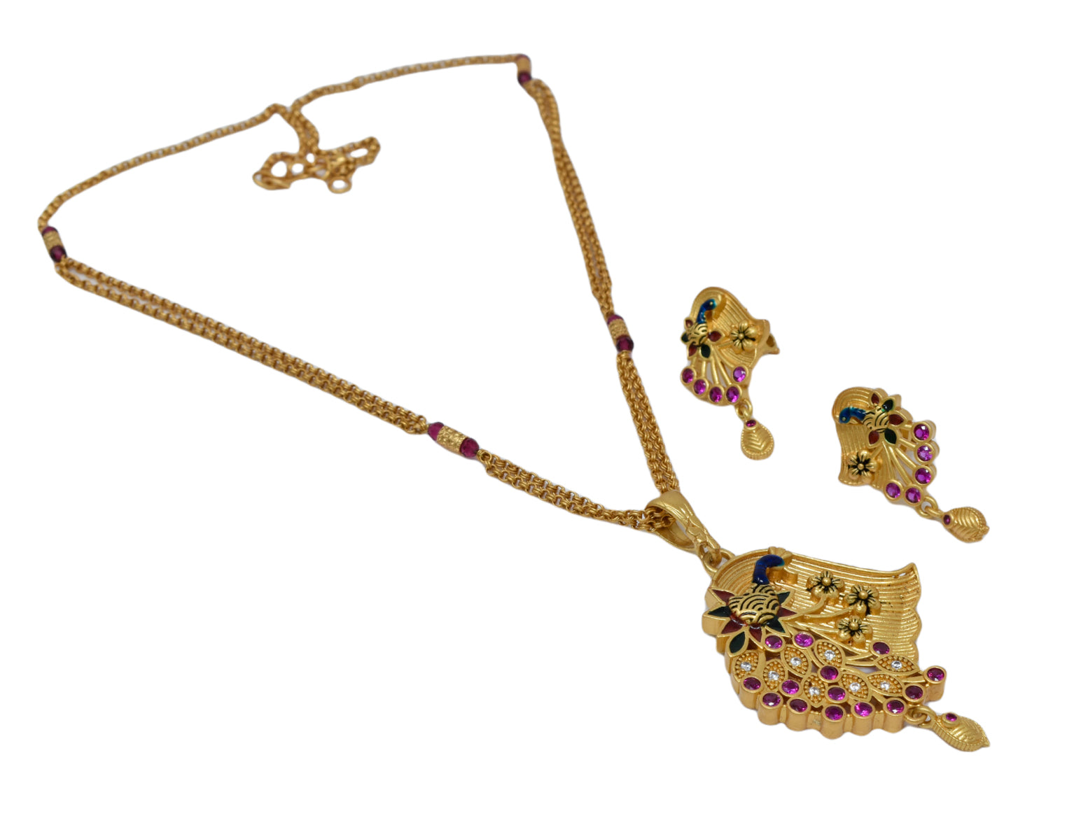Peacock design Multi colored minakari work AD Studded Gold Plated Chain Pendant set