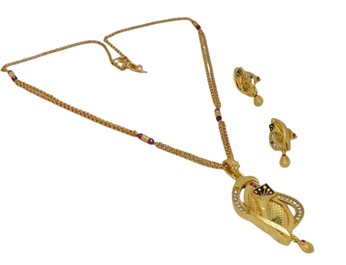 leaf design AD Studded Gold Plated Chain Pendant set