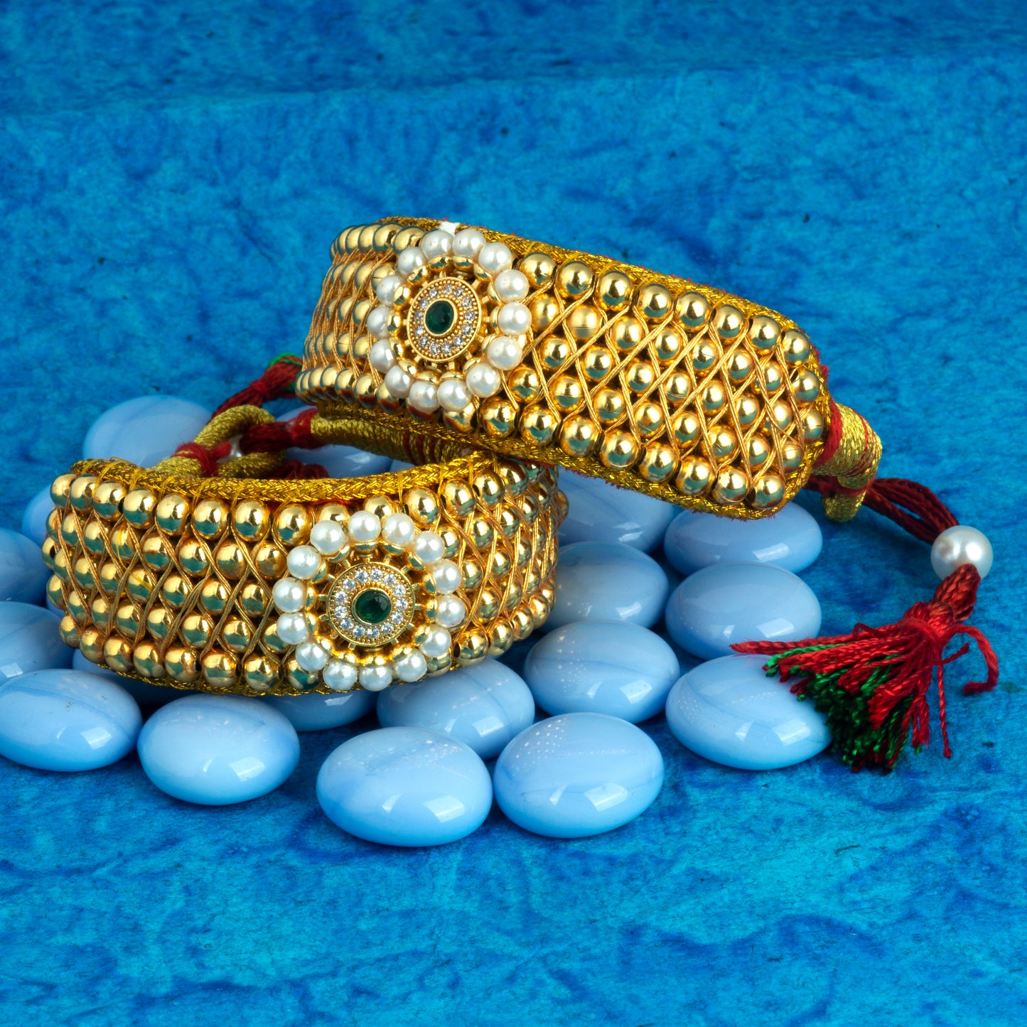 Royal Rajputi Gold plated white pearl beaded Punsi Pocchi Hand Bracelet