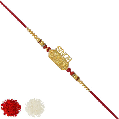 Singh Saheb Brass Rakhi with Roli Chawal and Raksha Bandhan Greeting Card For Men/Boys (Golden)