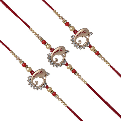 Elegant Ganesh Rakhi (Set of 3) with Roli Chawal and Raksha Bandhan Greeting Card For Men/Boys (Rose Gold)