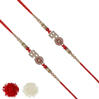 Trendy Bro Rakhi (Set of 2) with Roli Chawal and Raksha Bandhan Greeting Card For Men/Boys (Rose Gold)