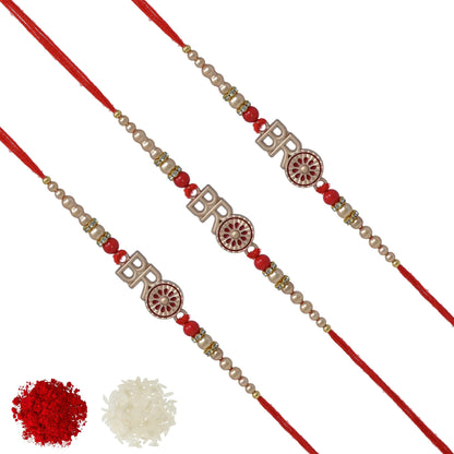 Trendy Bro Rakhi (Set of 3) with Roli Chawal and Raksha Bandhan Greeting Card For Men/Boys (Rose Gold)