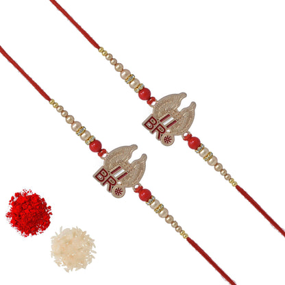 Trendy Bro Rakhi (Set of 2) with Roli Chawal and Raksha Bandhan Greeting Card For Men/Boys (Rose Gold)