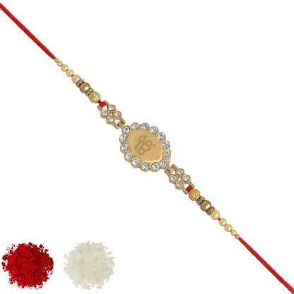 Ik Onkar Punjabi Rakhi with Roli Chawal and Raksha Bandhan Greeting Card For Men/Boys (Golden)