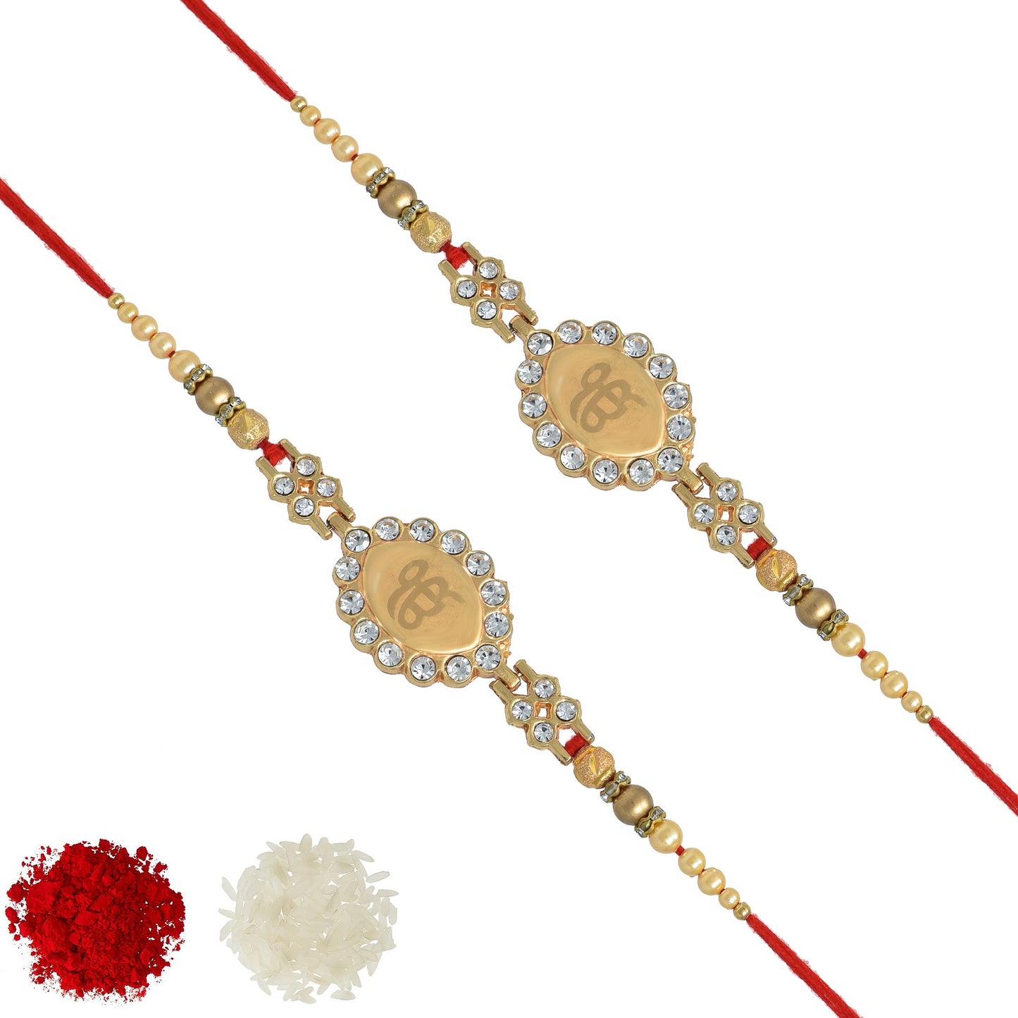 Ik Onkar Punjabi Rakhi (Set of 2) with Roli Chawal and Raksha Bandhan Greeting Card For Men/Boys (Golden)