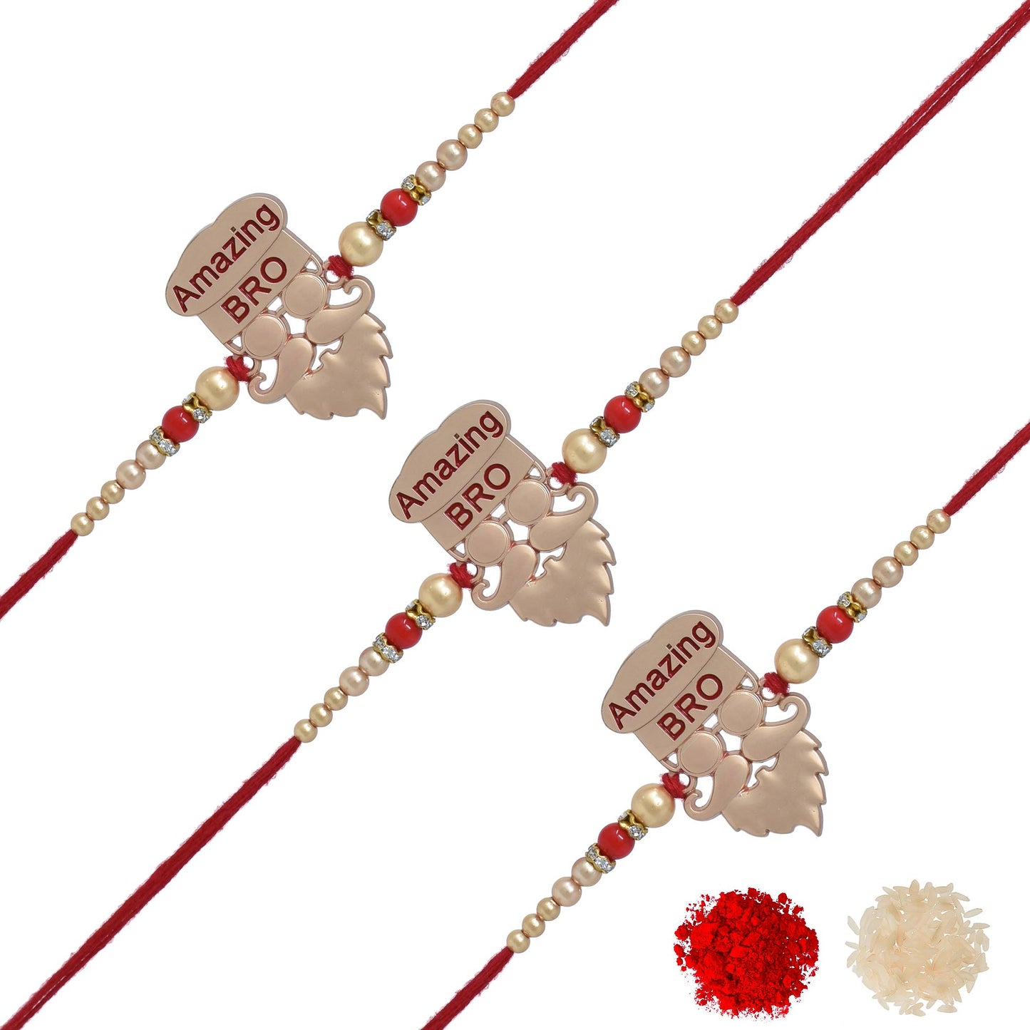 Amazing Bro Rakhi (Set of 3) with Roli Chawal and Raksha Bandhan Greeting Card For Men/Boys (Rose Gold)