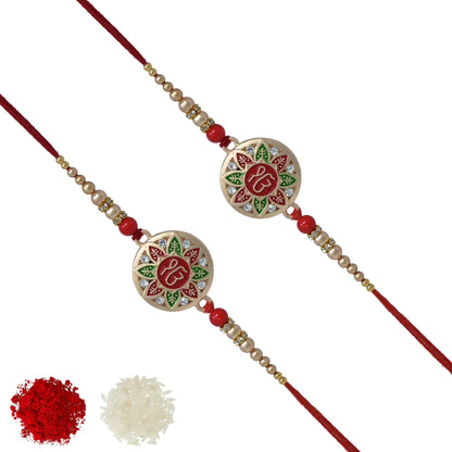 Ik Onkar Punjabi Rakhi (Set of 2) with Roli Chawal and Raksha Bandhan Greeting Card For Men/Boys (Golden)