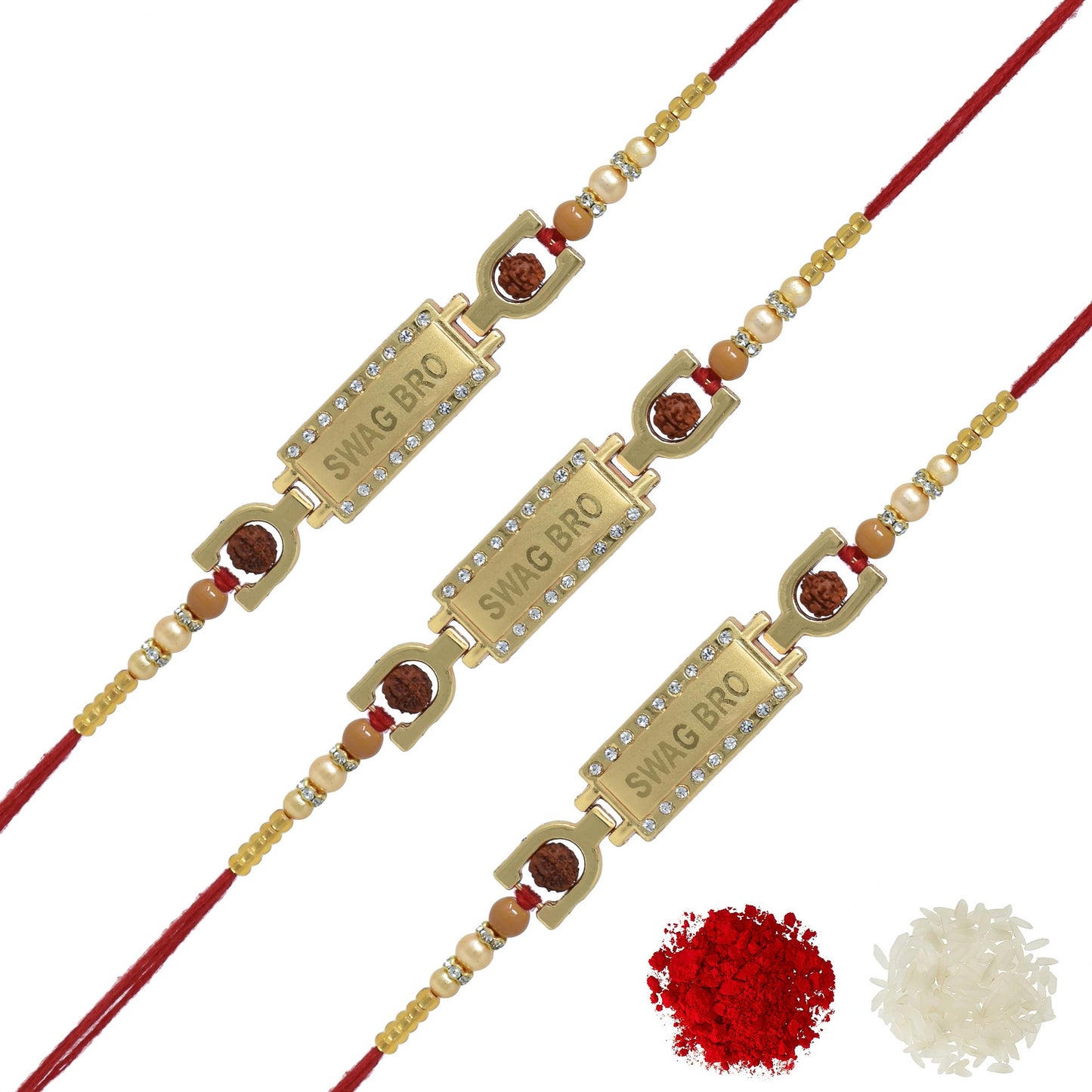 Swag Bro Rakhi (Set of 3) with Roli Chawal and Raksha Bandhan Greeting Card For Men/Boys (Golden)