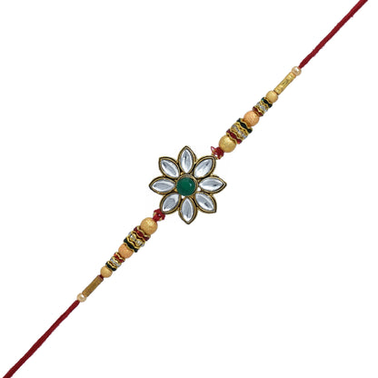 Elegant Kundan Rakhi with Roli Chawal and Raksha Bandhan Greeting Card For Men/Boys