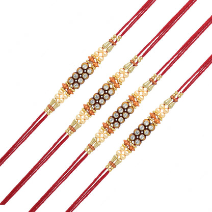 Elegant Kundan Rakhi (Set of 4) with Roli Chawal and Raksha Bandhan Greeting Card For Men/Boys