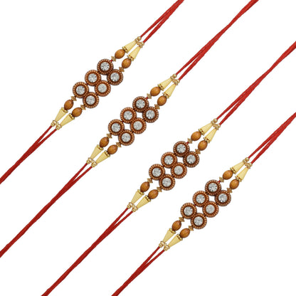 Elegant Kundan Rakhi (Set of 4) with Roli Chawal and Raksha Bandhan Greeting Card For Men/Boys