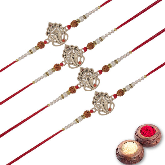 Ganesha Rakhi Set of 4 with Roli Chawal and Raksha Bandhan Greeting Card For Bhai/Bro/Men/Boy-138