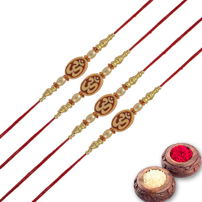 Fancy Om Rakhi Set of 4 with Roli Chawal and Raksha Bandhan Greeting Card For Bhai/Bro/Men/Boy-139