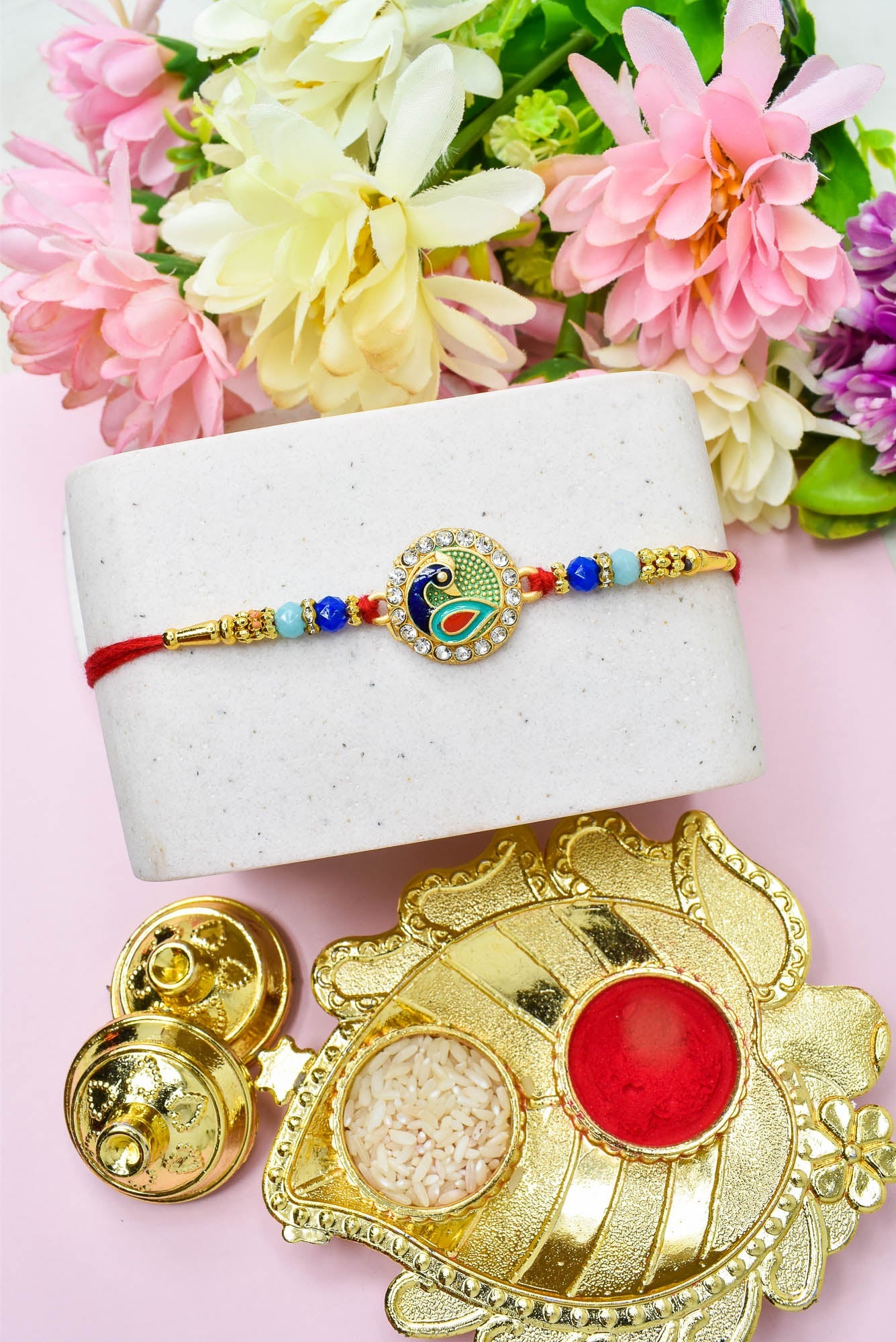 Rakhi for Brothers Rakhi for kids Peacock Design Hand Painted Bracelate Rakhi with Roli chawal n Rakshabandhan Gift Card Rakhi for Brother / Rakhi for Kids