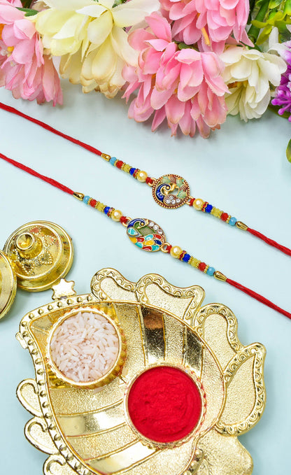 Classic Matt finish Peacock Rakhi set with Roli Chawal & Card| rakhi for brother and bhabhi  kids| rakhi set of 2 | resin rakhi