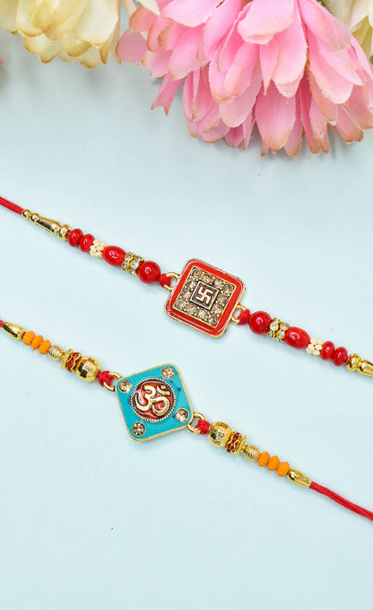 Religious Om n Swastik Rakhi set with Roli Chawal & Card| rakhi for brother and bhabhi  kids| rakhi set of 2 | resin rakhi