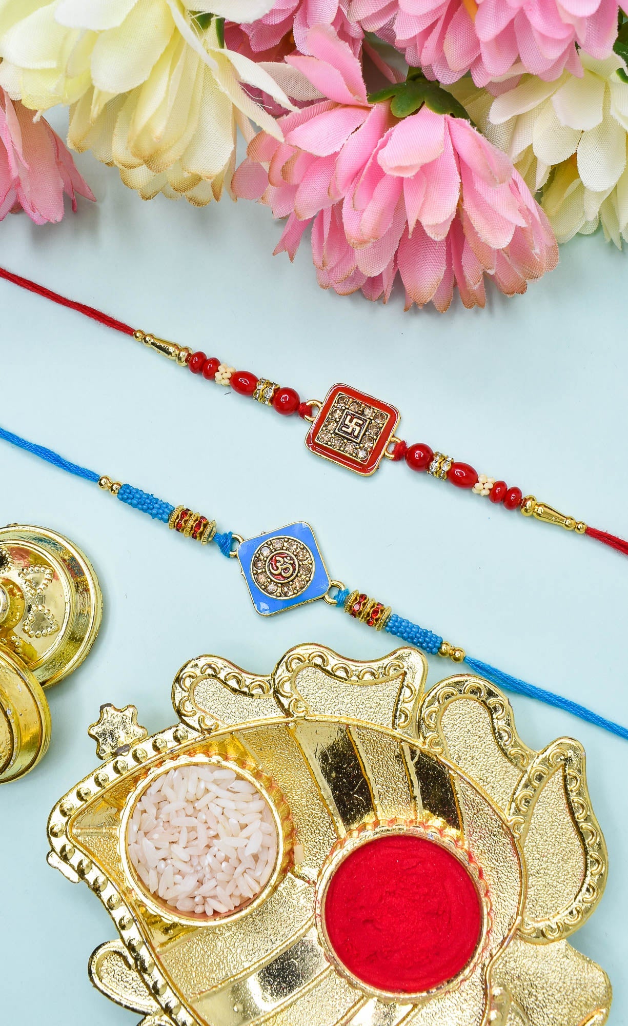 Religious Om n Swastik Rakhi set with Roli Chawal & Card| rakhi for brother and bhabhi  kids| rakhi set of 2 | resin rakhi