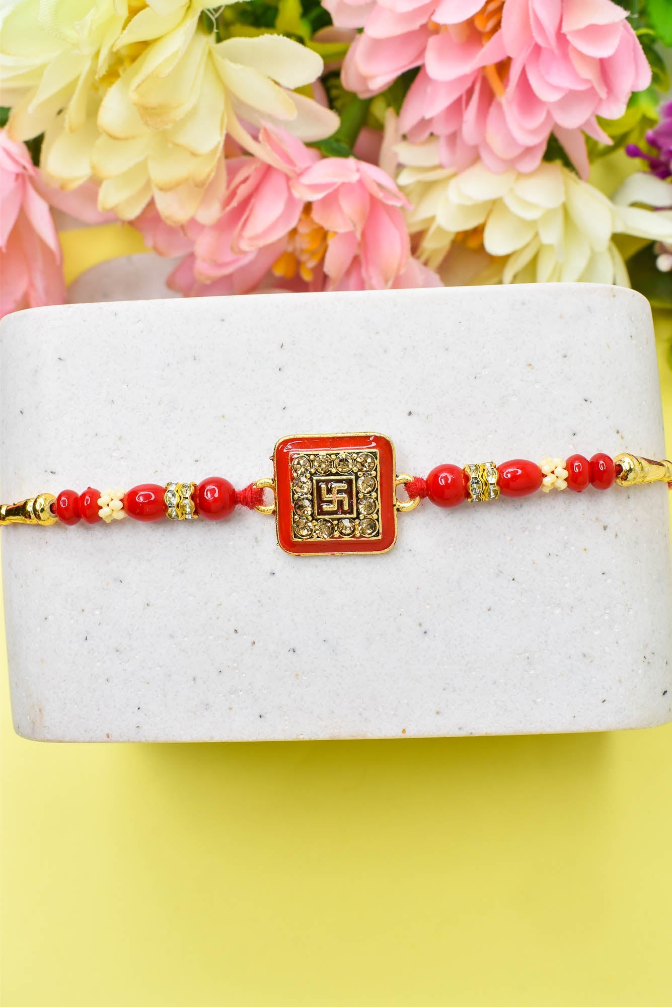 Rakhi for Brothers Rakhi for kids Swastik Design Hand Painted Bracelate Rakhi with Roli chawal n Rakshabandhan Gift Card Rakhi for Brother / Rakhi for Kids