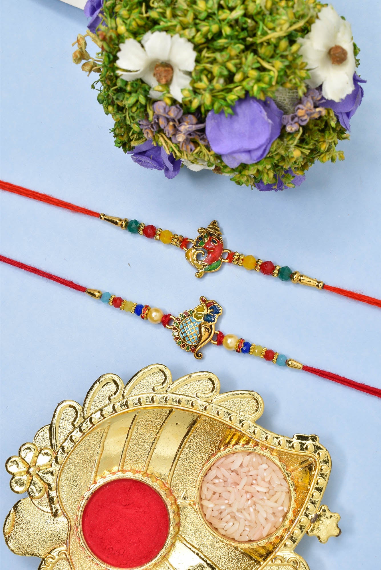 Religious Ganesha Rakhi with A.D. stone Combo Rakhi set with Roli Chawal & Card| rakhi for brother and bhabhi  kids| rakhi set of 2 | resin rakhi