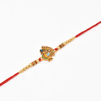 Peacock Meenakari Rakhi with  Roli Chaval and Rakshabandhan Gift Card For Men n Boys