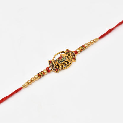 Decorative Elephant Rakhi with Roli Chaval and Rakshabandhan Gift Card For Men n Boys