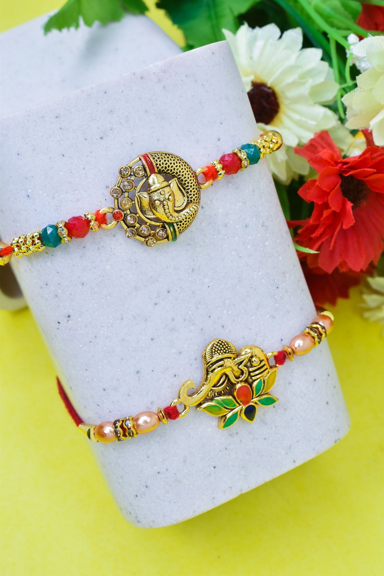 Gold Ganesha Elegant Rakhi set with Roli Chawal & Card| rakhi for brother and bhabhi  kids| rakhi set of 2 | resin rakhi